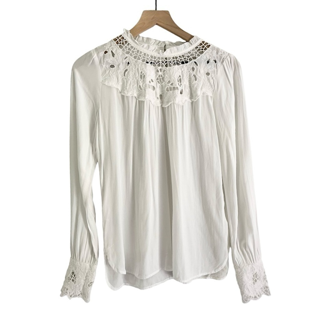 NWT Loft Women’s Lace Yoke Blouse Long Sleeve Top White Size‎ XXS